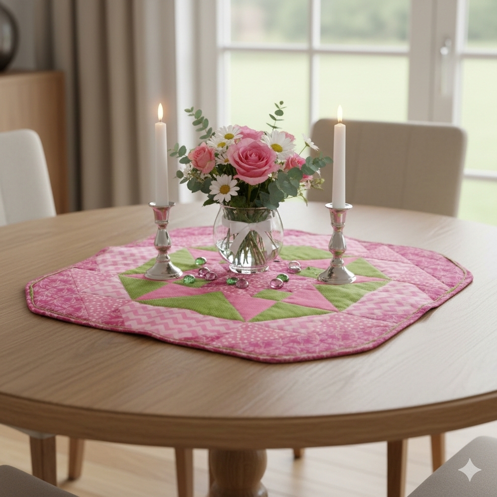 Vintage Pink Green Cottagecore Handmade Quilted Table Topper/Centerpiece 26"x26"